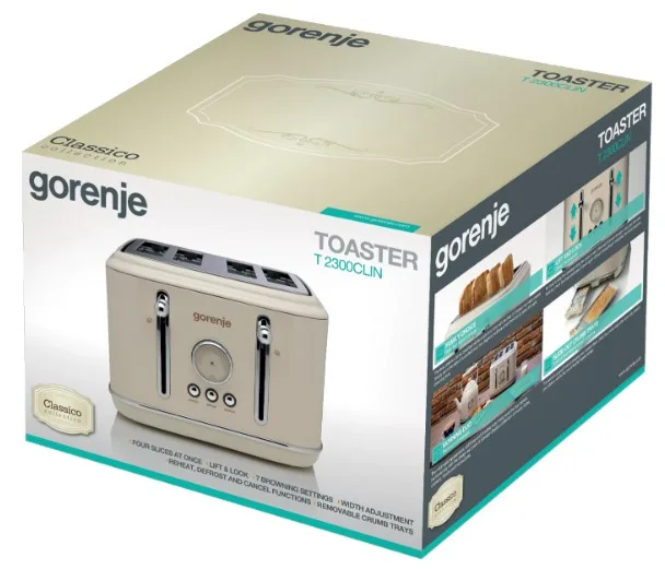 Тостер Gorenje пластик метал 28,8х20,9х30,9 см бежевий 4 тости 7 режимів 1150 Вт