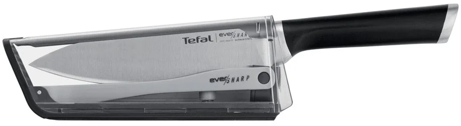 Кухарський ніж Tefal Eversharp, 16.5 см, з чохлом-точилом, нержавіюча сталь, чорний пластик.