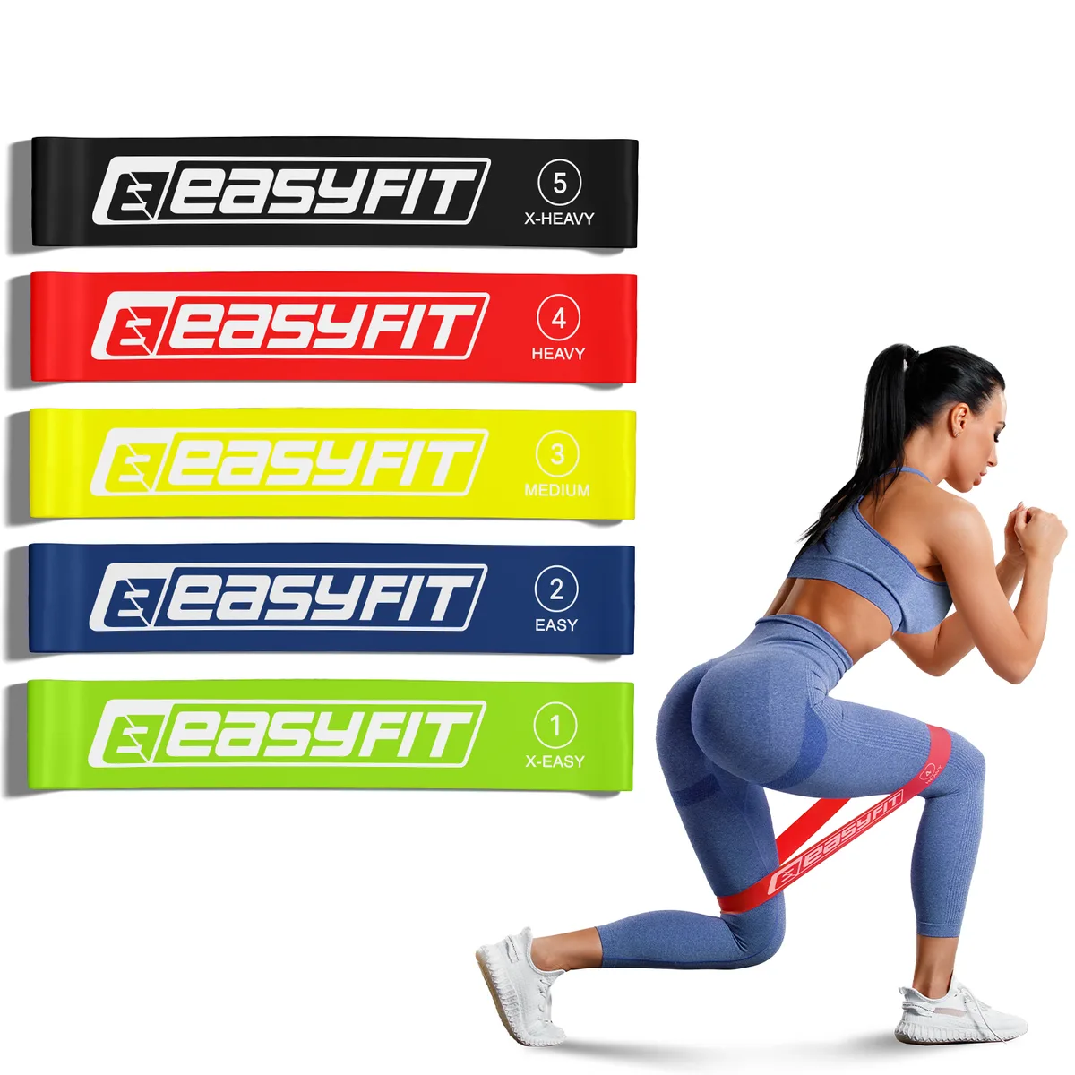 Резинки для фітнесу EasyFit латекс 60 см 5 шт салатова синя жовта червона чорна