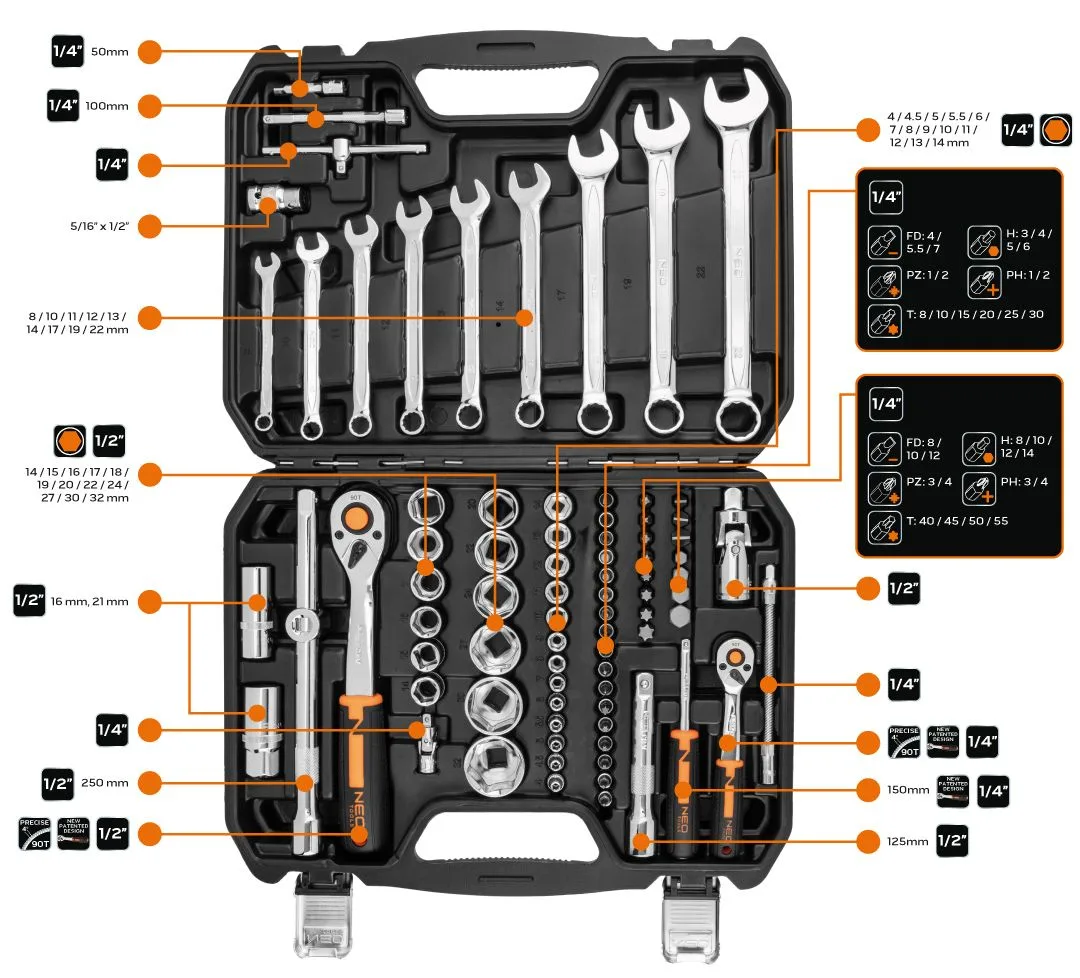 Набір інструментів Neo Tools, 1/2", 1/4", CrV, кейс, 82шт