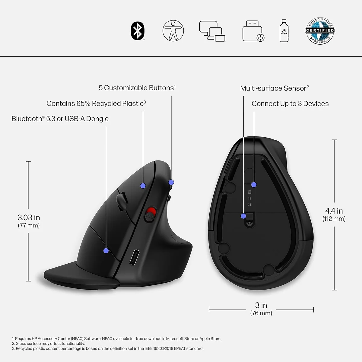 Миша HP 920 Эргономическая вертикальная, WL/BT, черная