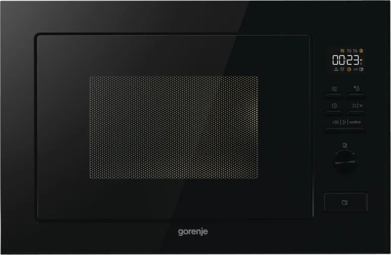Вбудована мікрохвильова піч Gorenje, 25 л, електронне управління, 900 Вт, з грилем, дисплей, чорного кольору.