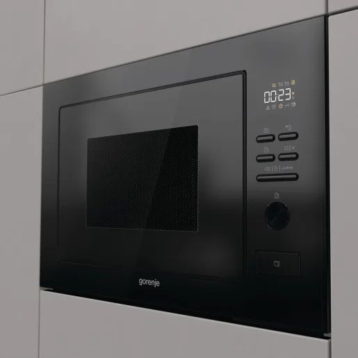 Вбудована мікрохвильова піч Gorenje, 25 л, електронне управління, 900 Вт, з грилем, дисплей, чорного кольору.