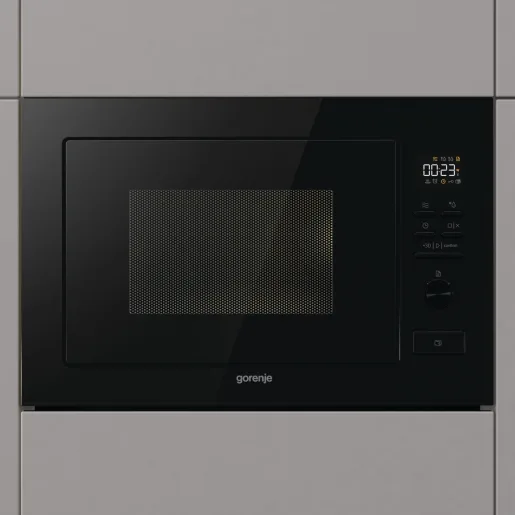 Вбудована мікрохвильова піч Gorenje, 25 л, електронне управління, 900 Вт, з грилем, дисплей, чорного кольору.
