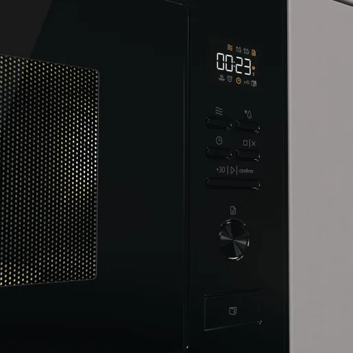 Вбудована мікрохвильова піч Gorenje, 25 л, електронне управління, 900 Вт, з грилем, дисплей, чорного кольору.