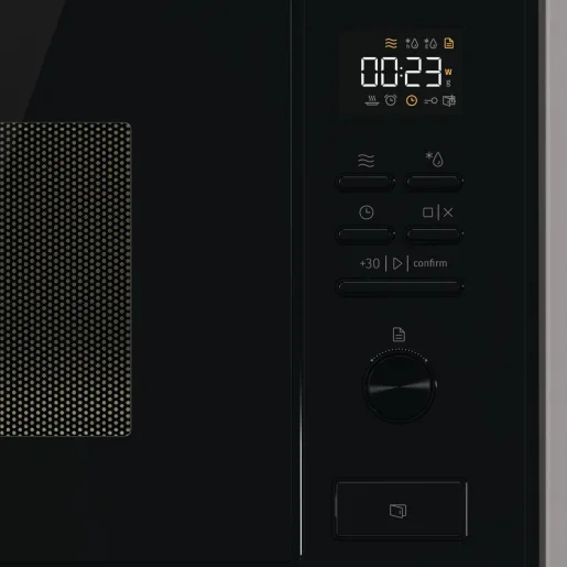 Вбудована мікрохвильова піч Gorenje, 25 л, електронне управління, 900 Вт, з грилем, дисплей, чорного кольору.