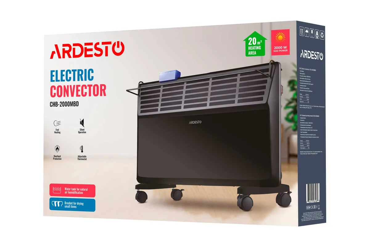 Конвектор ARDESTO, 20 м2, 2000 Вт, механическое управление, открытый нагревательный элемент, функция сушки, черный