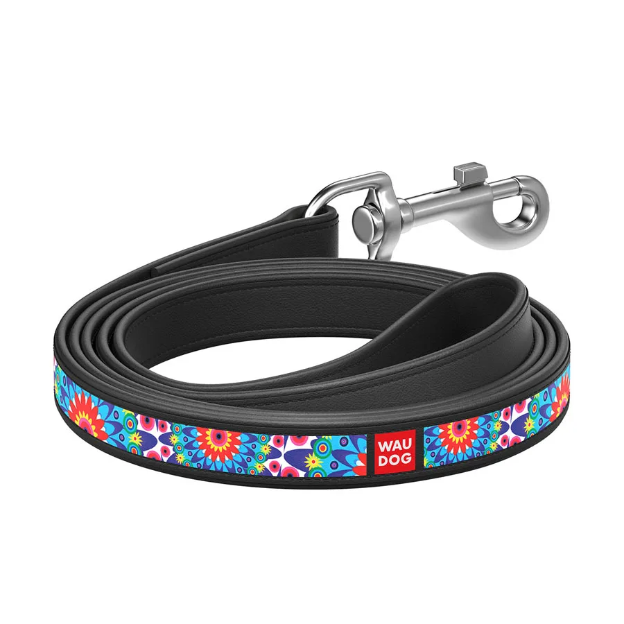 Повідець WAUDOG Design Квіти 25 мм x 122 см шкіра чорний L-XL