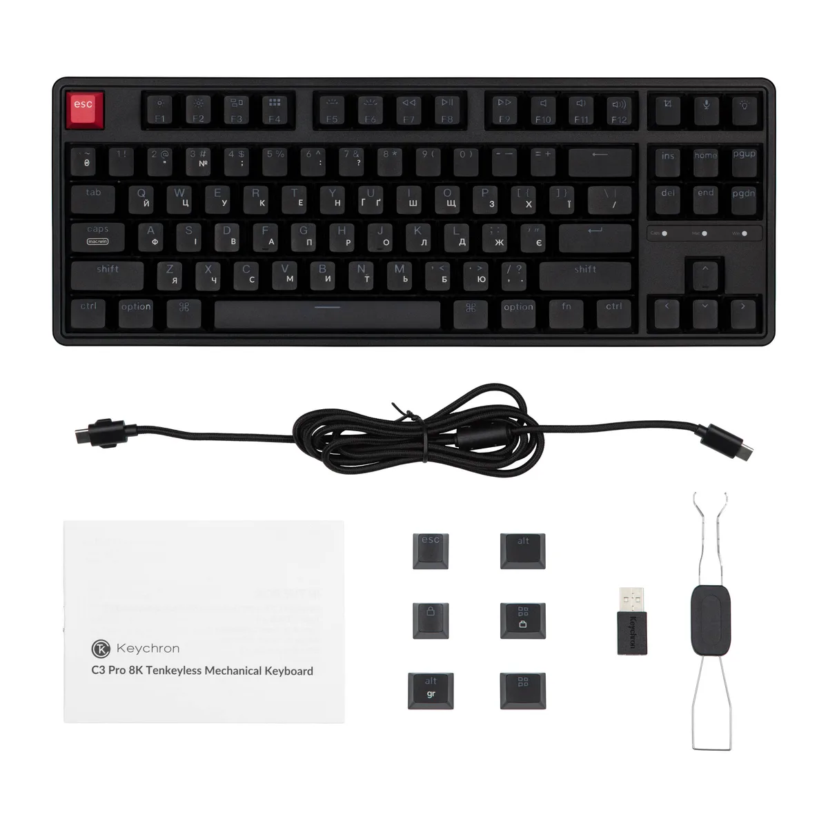 Клавіатура механічна Keychron C3 Pro V2 87Key, K pro Brown, USB-A, QMK, Hot-swap,8K, EN/UKR, RGB, чорний