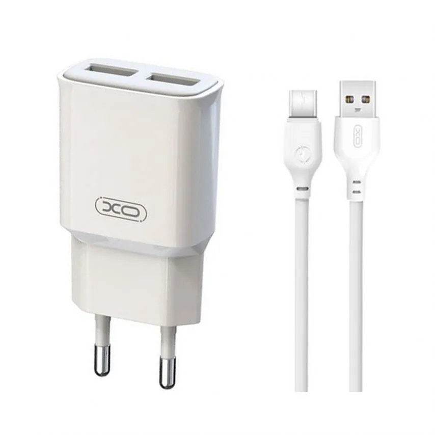 Мережевий зарядний пристрій XO адаптер 2в1 2USB 2.4A кабель Type-C білий