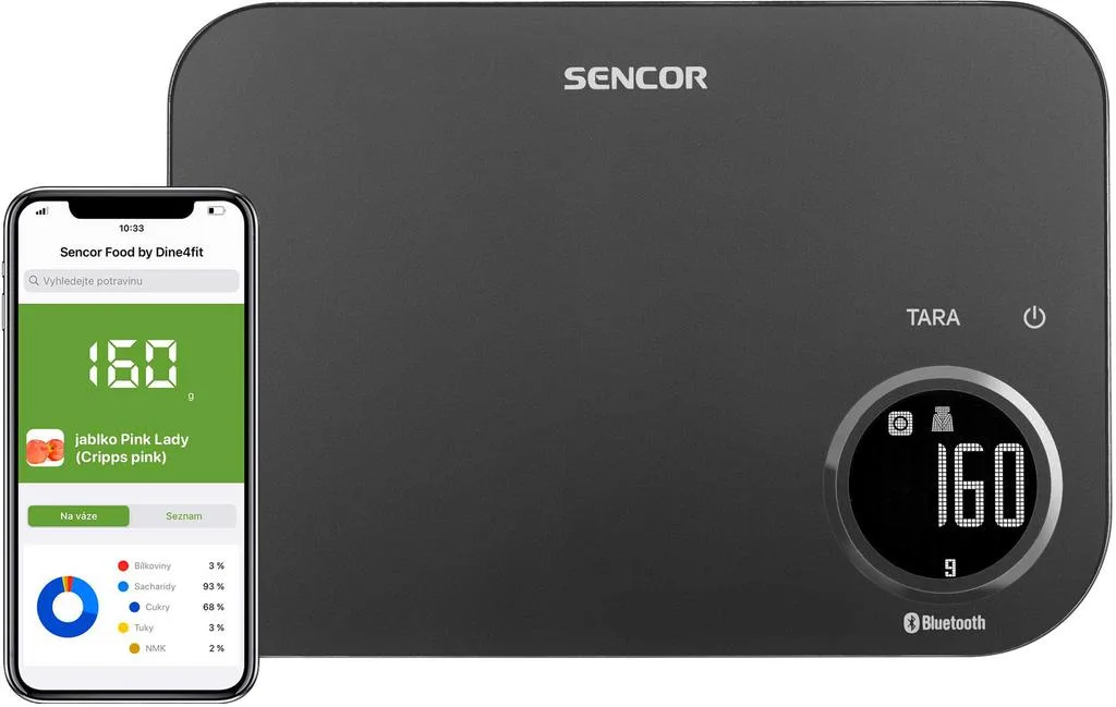 Кухонні ваги Sencor, 8 кг, з можливістю підключення до смартфона, живлення від 2-х батарей AAA, пластиковий корпус, чорний колір.