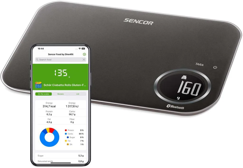 Кухонні ваги Sencor, 8 кг, з можливістю підключення до смартфона, живлення від 2-х батарей AAA, пластиковий корпус, чорний колір.