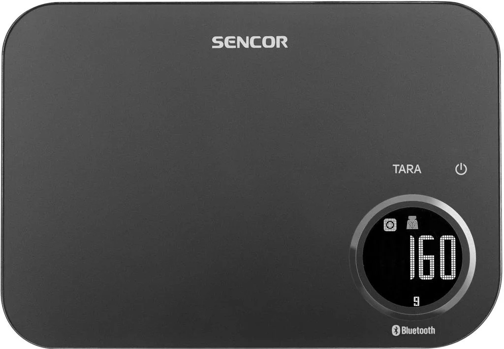 Кухонні ваги Sencor, 8 кг, з можливістю підключення до смартфона, живлення від 2-х батарей AAA, пластиковий корпус, чорний колір.