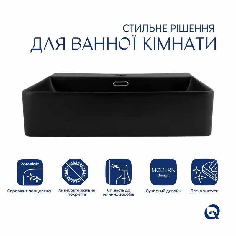 Раковина підвісна Qtap Nando LT 500x420 мм керамічна матова чорна з донним клапаном
