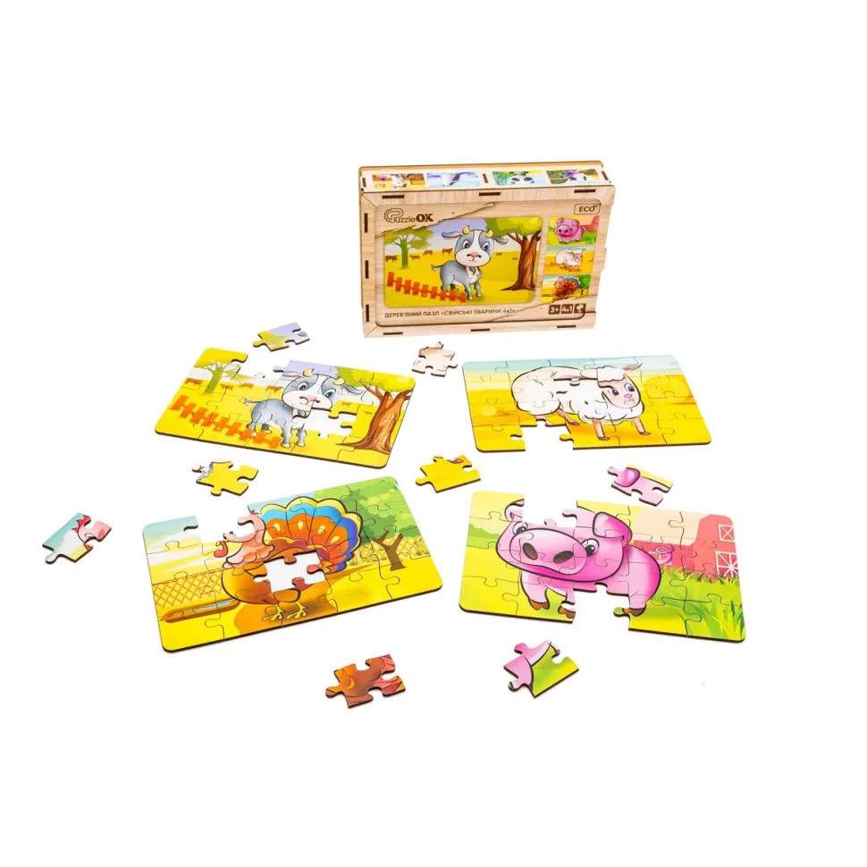 Дерев'яний дитячий пазл PuzzleOK 80 елементів Еко 4в1 Домашні тварини яскраві кольори