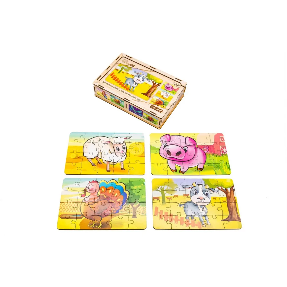 Дерев'яний дитячий пазл PuzzleOK 80 елементів Еко 4в1 Домашні тварини яскраві кольори