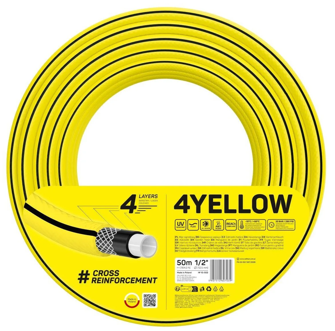 Садовий шланг Cellfast 4YELLOW 1/2" 50м, 4-шаровий, витримує тиск до 20 бар, температурний діапазон -10...+50°C.