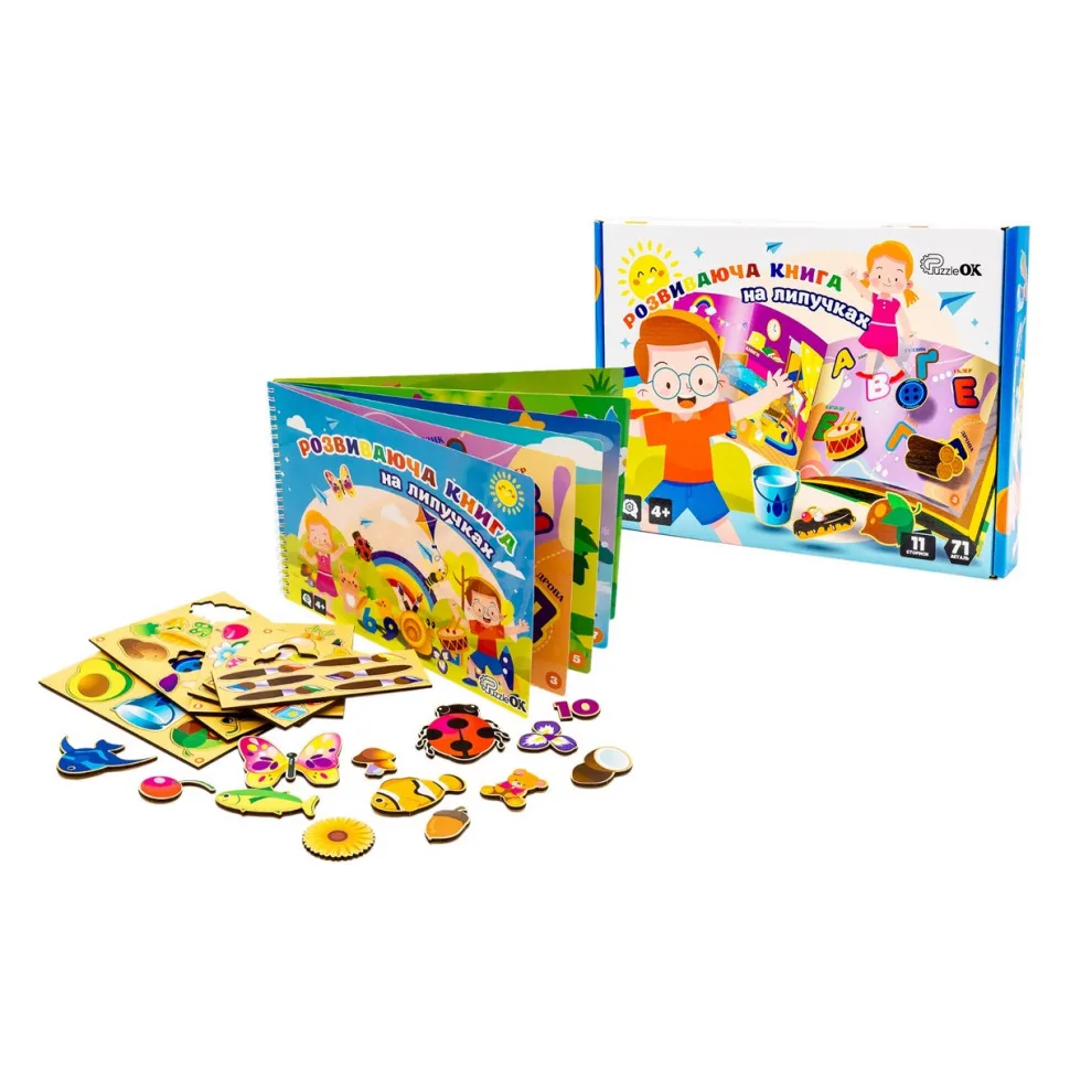 Развивающая книга на липучках PuzzleOK 71 деталь 11 страниц картон многоцветная
