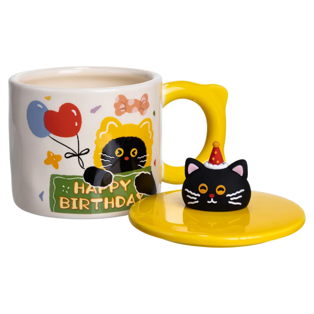 Чашка порцелянова Kitten's Birthday 400 мл жовта з кришкою 11х9 см