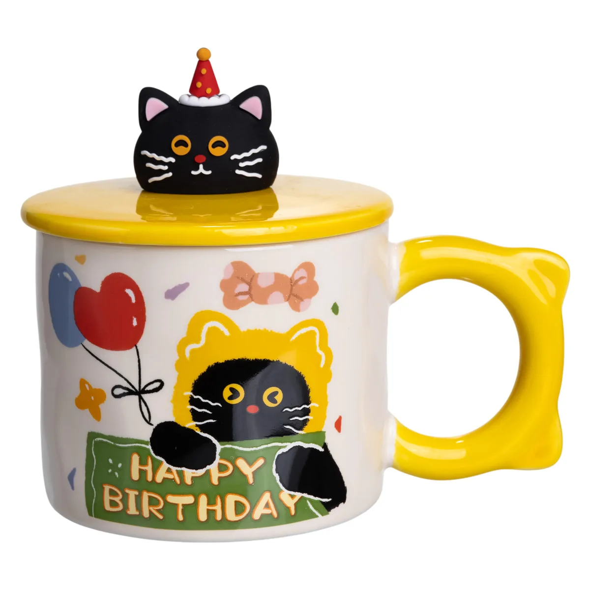 Чашка порцелянова Kitten's Birthday 400 мл жовта з кришкою 11х9 см