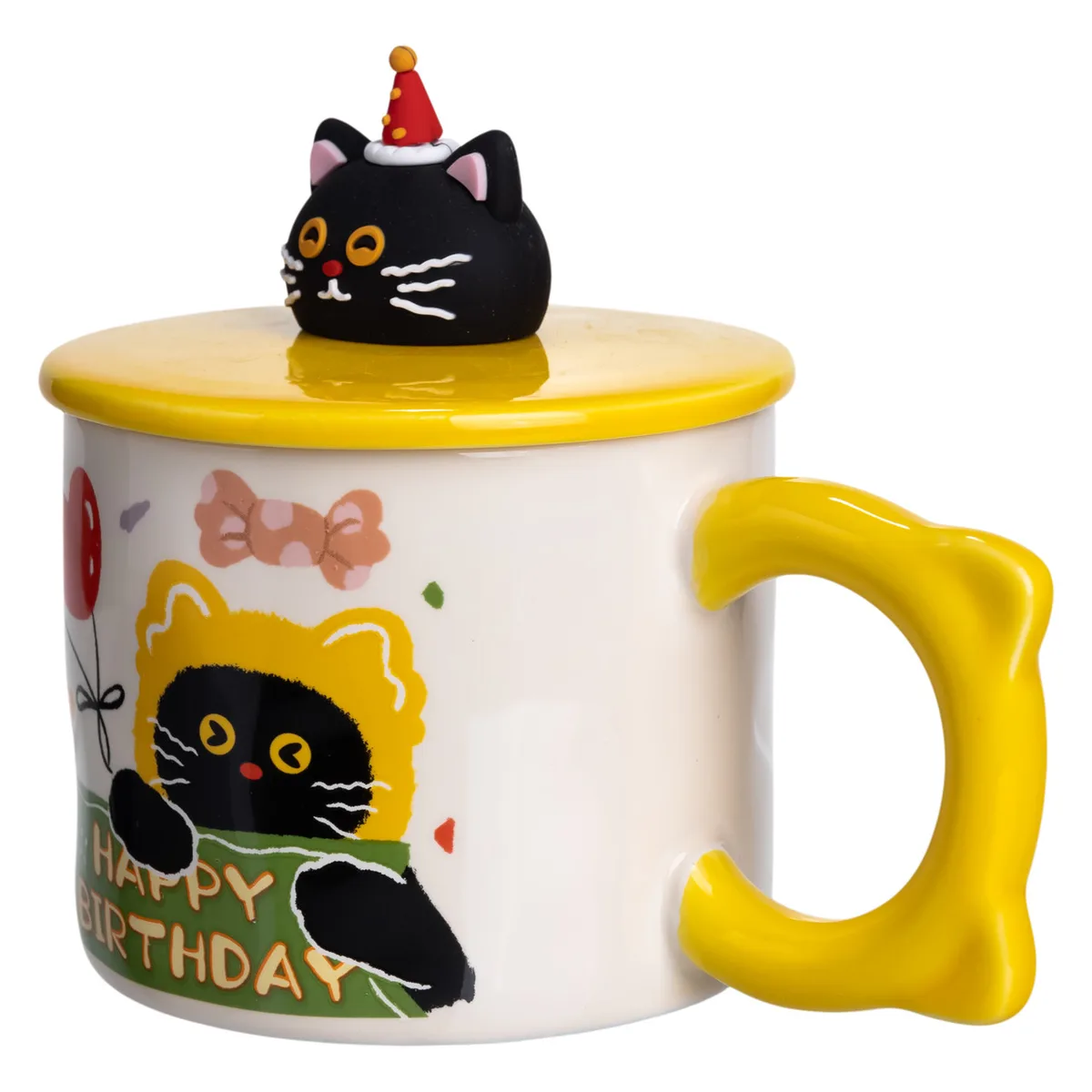 Чашка порцелянова Kitten's Birthday 400 мл жовта з кришкою 11х9 см