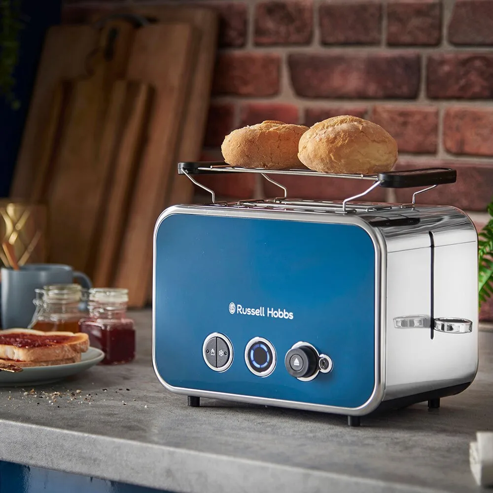 Тостер Russell Hobbs Distinctions 2-слайсовий, 1670 Вт, функції підігріву та розморожування, пластиковий корпус, синього кольору.