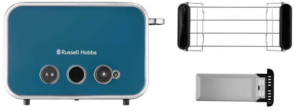 Тостер Russell Hobbs Distinctions 2-слайсовий, 1670 Вт, функції підігріву та розморожування, пластиковий корпус, синього кольору.