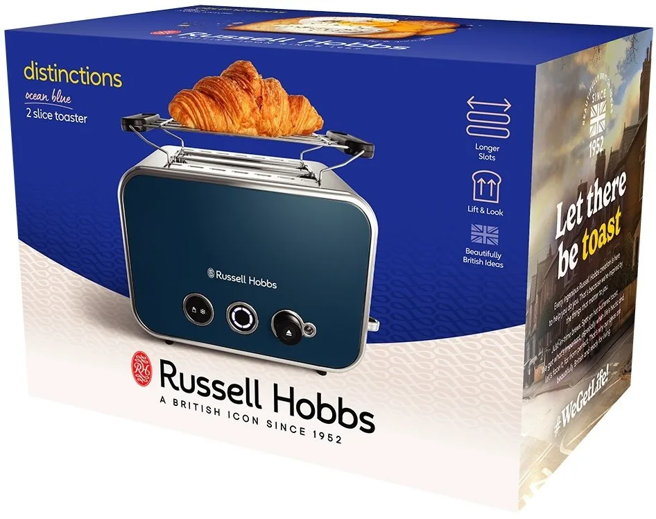 Тостер Russell Hobbs Distinctions 2-слайсовий, 1670 Вт, функції підігріву та розморожування, пластиковий корпус, синього кольору.