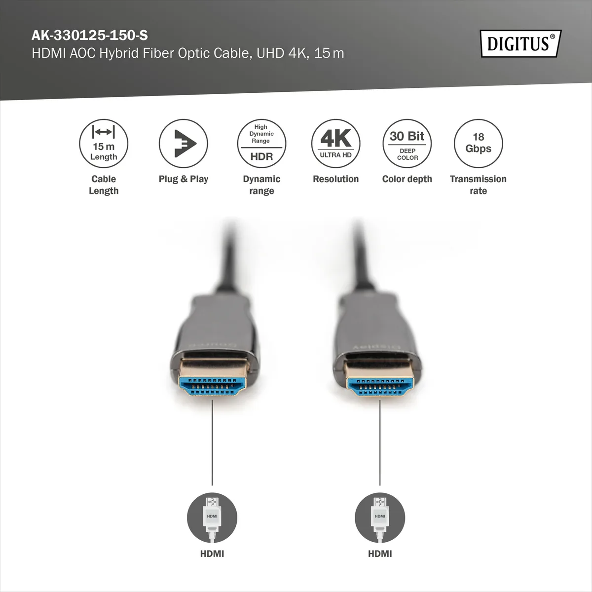 Кабель DIGITUS HDMI UHD 4K, AOC hybrid-fiber, type A M/M, 15м, чорний