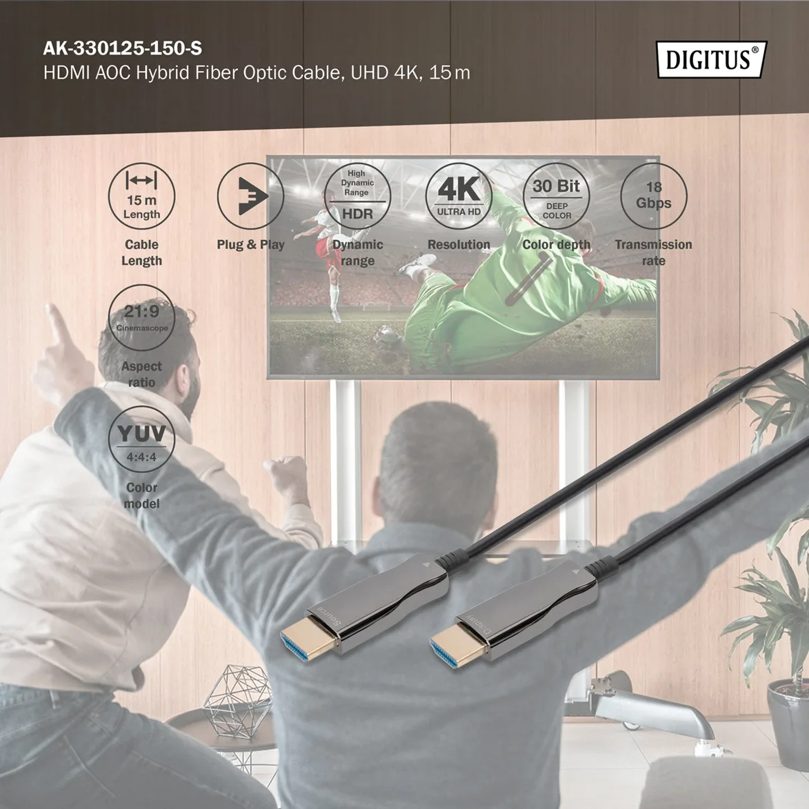 Кабель DIGITUS HDMI UHD 4K, AOC hybrid-fiber, type A M/M, 15м, чорний