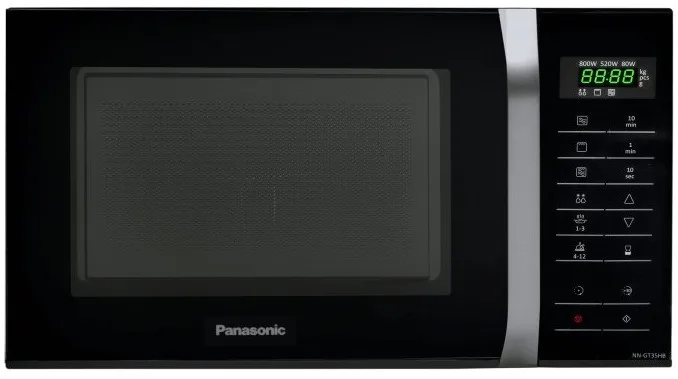 Мікрохвильова піч Panasonic, об'єм 23 л, потужність 800 Вт, з грилем, з дисплеєм, чорного кольору.