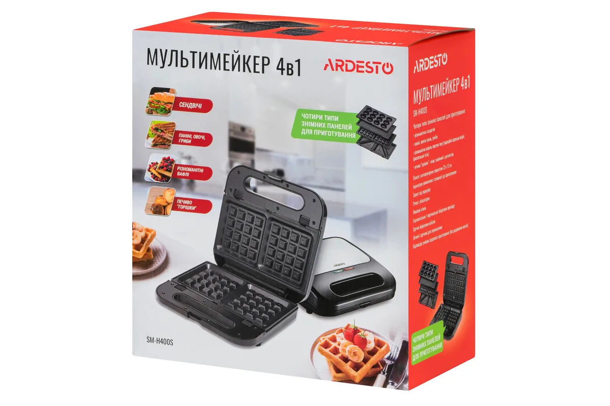 Сэндвич-мейкер ARDESTO 700Вт, алюминиевый, 4 пластины, корпус из нержавеющей стали и пластика, черно-серебристый