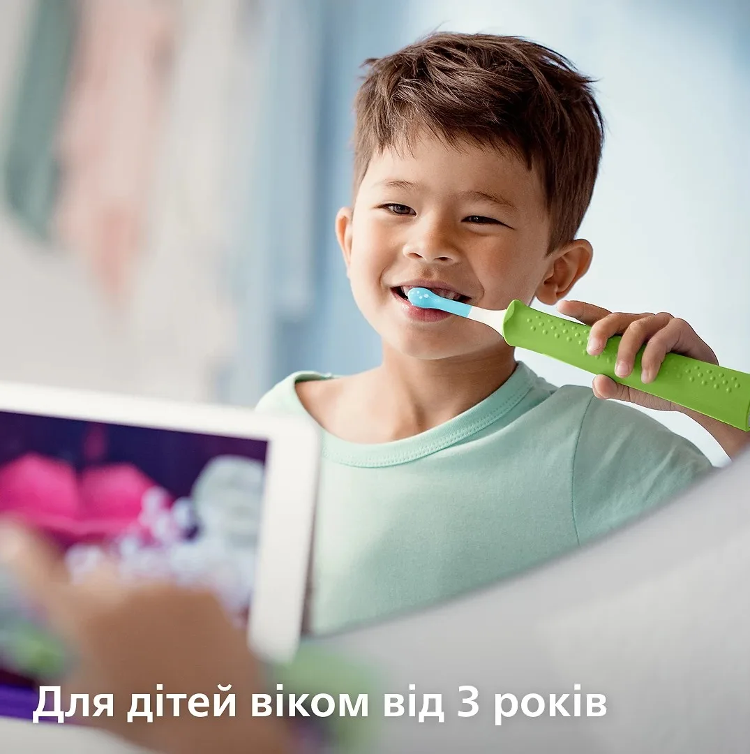 Електрична зубна щітка Philips Sonicare для дітей, 62 тис. коливань/хв, 2 насадки, світло-зелений.
