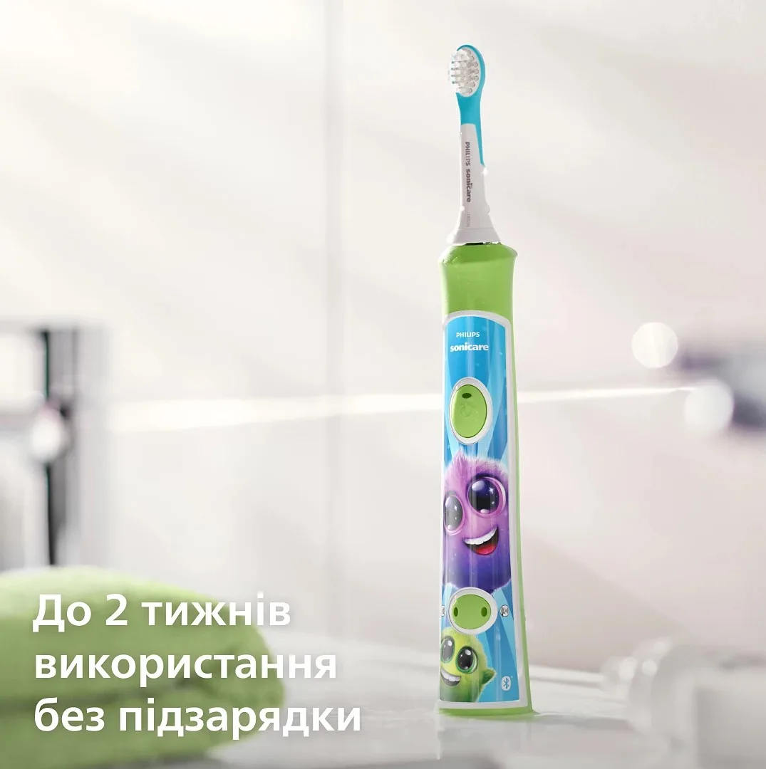Електрична зубна щітка Philips Sonicare для дітей, 62 тис. коливань/хв, 2 насадки, світло-зелений.