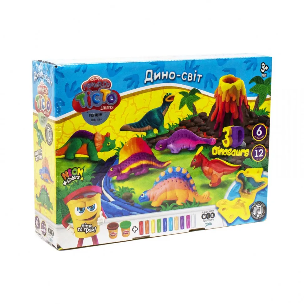 Набір для творчості Danko Toys тісто для ліплення 12 шт 3D формочки динозаврів кольорові