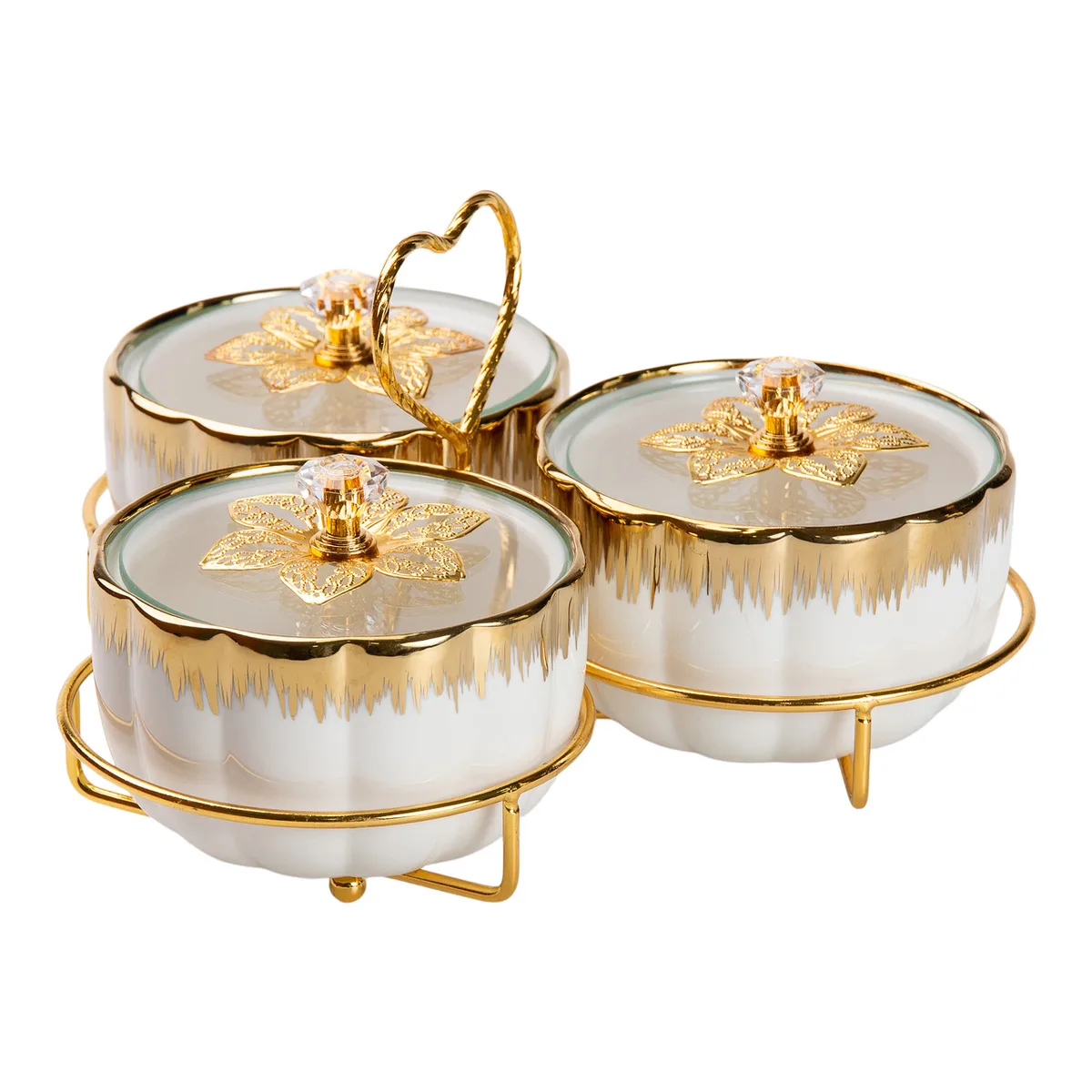Менажница фарфоровая 3 секции Металлическая подставка 22х22х13 см Белая