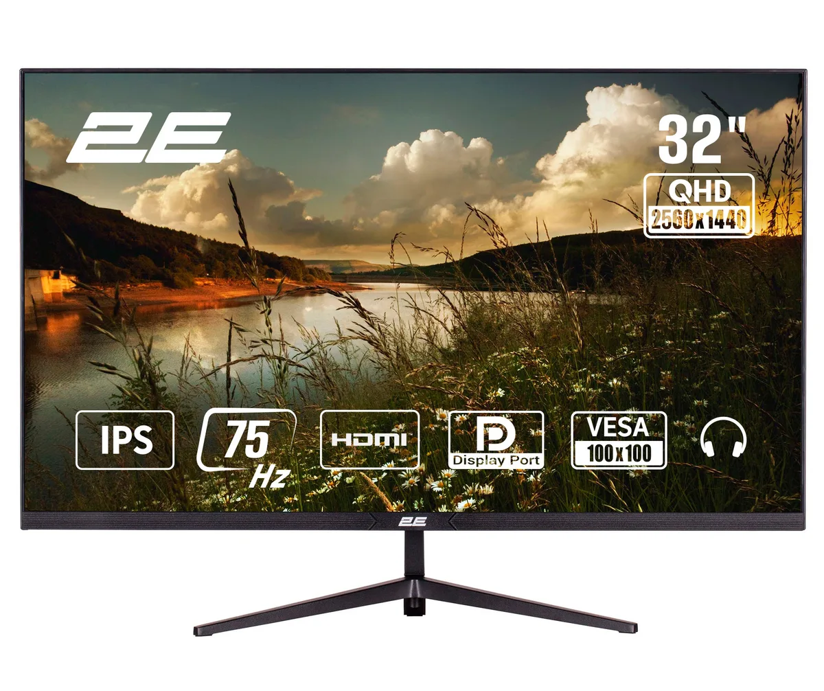 Монитор 2E 31.5" D3224B 2xHDMI, DP, IPS, 2560x1440, 75Hz, 5мс, FreeSync