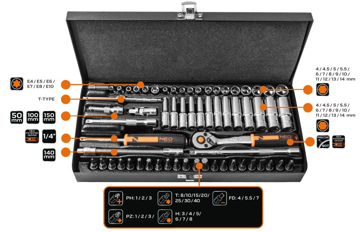 Набір інструментів Neo Tools, набір торцевих головок, 1/4", CrV, металевий кейс, 63шт