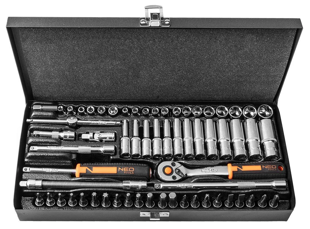 Набір інструментів Neo Tools, набір торцевих головок, 1/4", CrV, металевий кейс, 63шт