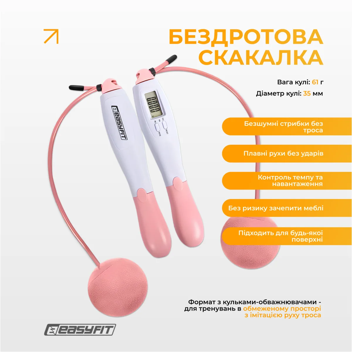 Скакалка без шнура EasyFit ABS ПВХ 2,8 м біло-рожевий