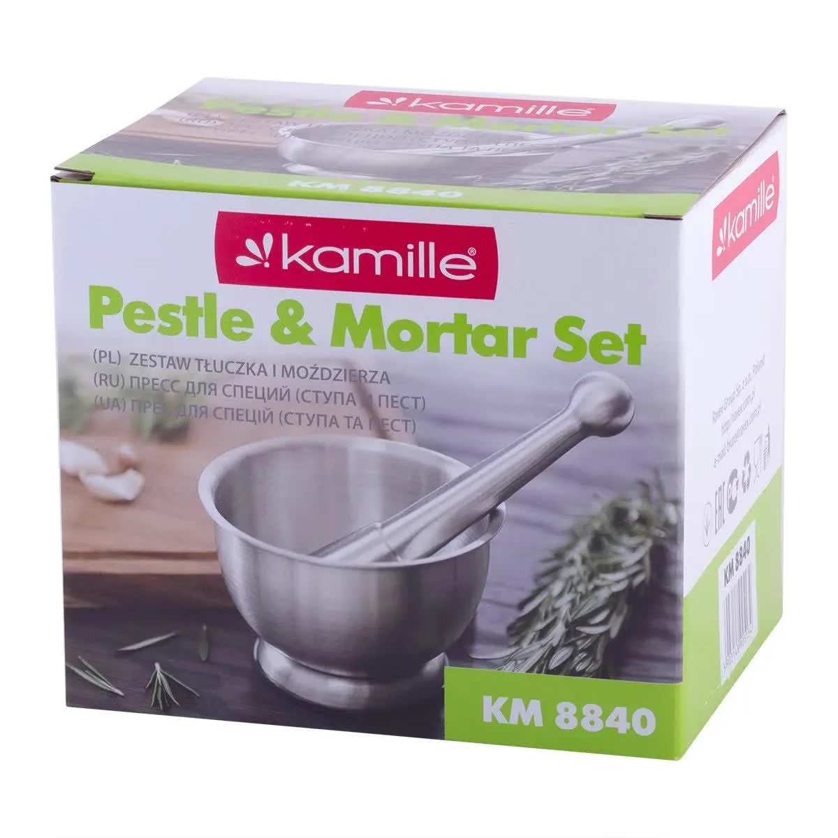 Ступа Kamille из нержавеющей стали 12,5х8,5х8 см с пестиком 18х3,8х3,8 см