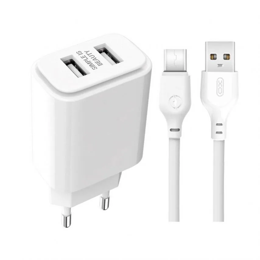 Мережевий зарядний пристрій XO 2в1 адаптер 2USB 2.4A кабель Type-C 1м білий