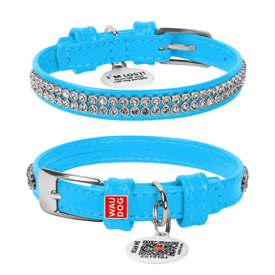 Нашийник WAUDOG Glamour шкіряний XS 12 мм блакитний 21-29 см з QR паспортом