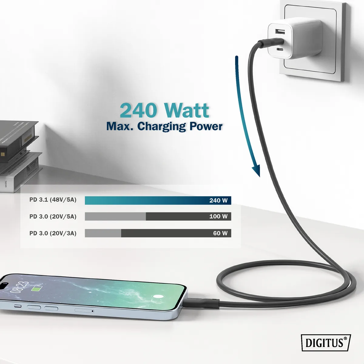 Кабель DIGITUS USB-C заряджання/синхронізації, USB 4.0 Gen 3, 40G, 240W, 8K, силіконовий, 1м, чорний