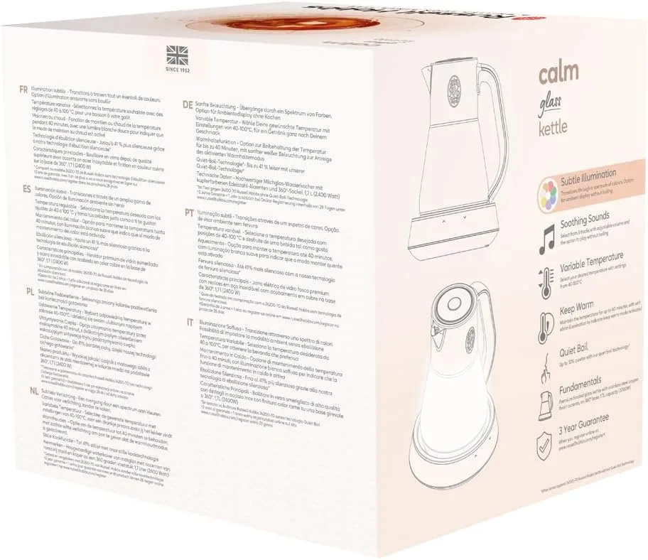 Електрочайник Russell Hobbs Calm, 1.7л, скляний, білий з мідними акцентами.