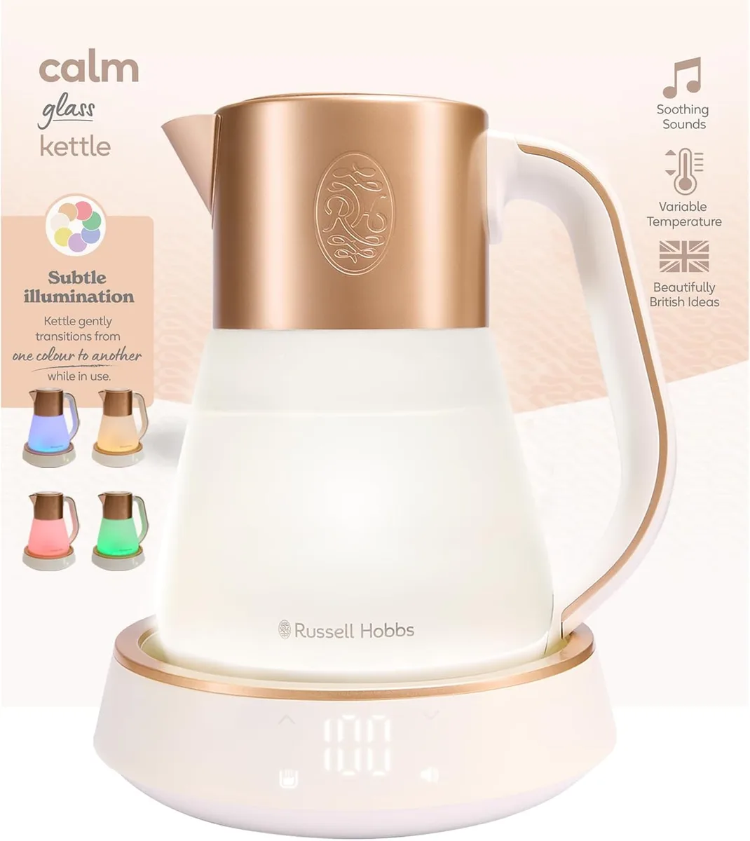 Електрочайник Russell Hobbs Calm, 1.7л, скляний, білий з мідними акцентами.