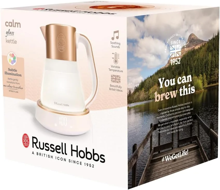 Електрочайник Russell Hobbs Calm, 1.7л, скляний, білий з мідними акцентами.