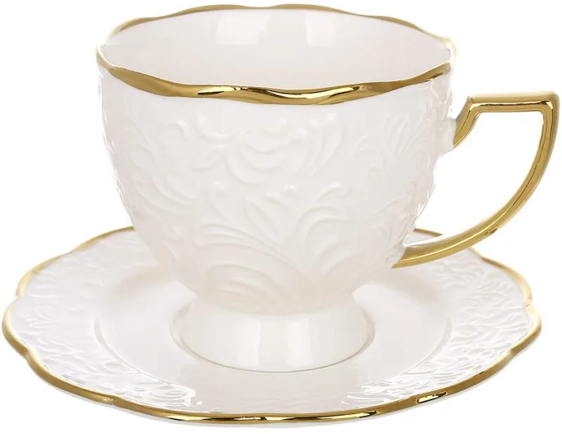 Чайна чашка Gold Luxury White City Lily порцелянова 250 мл з блюдцем