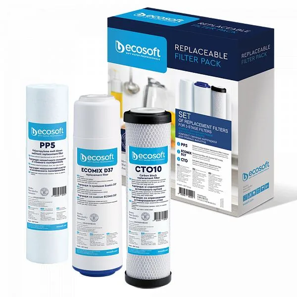 Комплект картриджів Ecosoft 1-2-3 для триступеневих фільтрів (поліпропілен + ecomixD37 + вугільний блок)