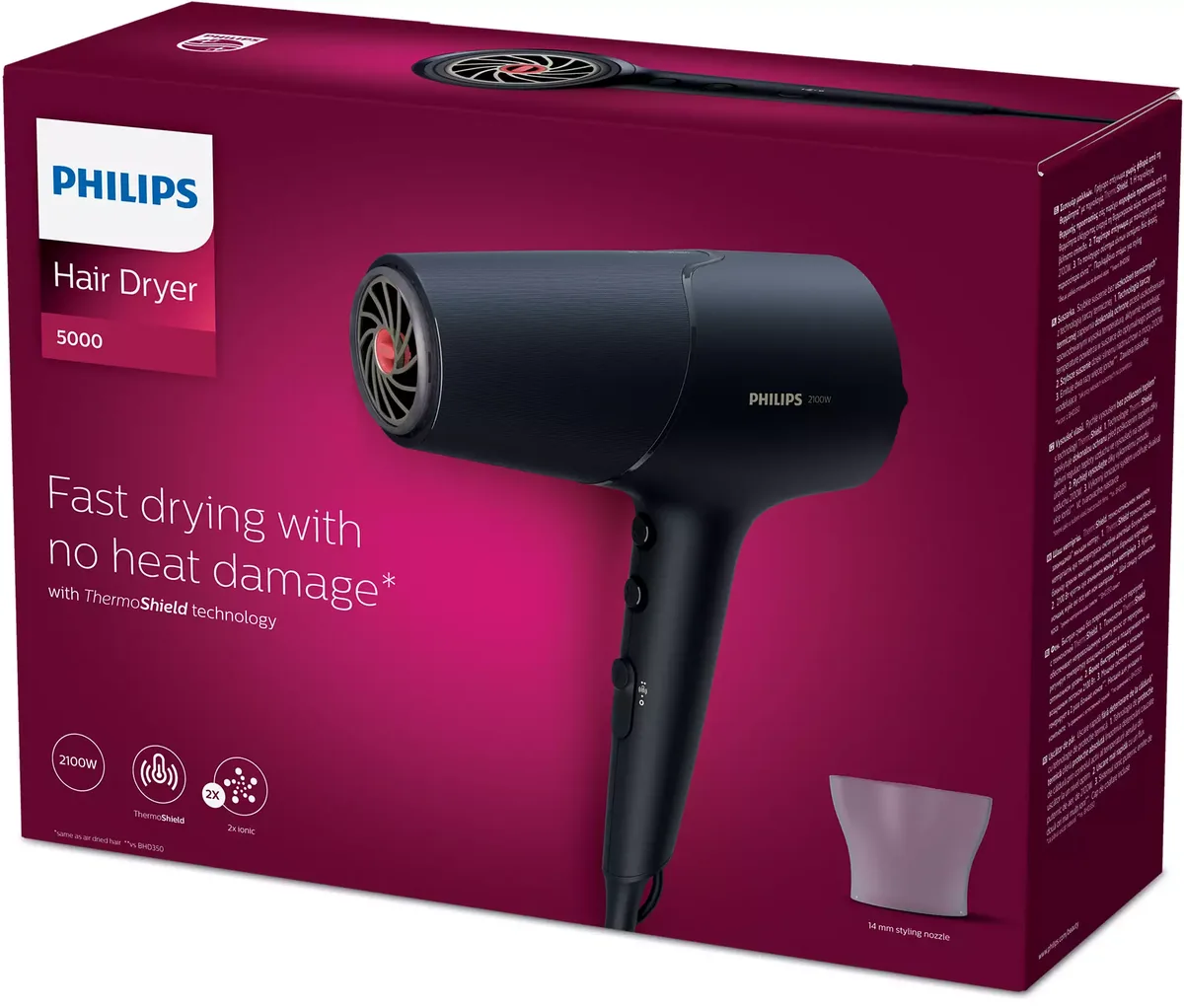 Фен Philips 5000 Series, 2100 Вт, 3 скорости, ионизация, холодный обдув, графитовый